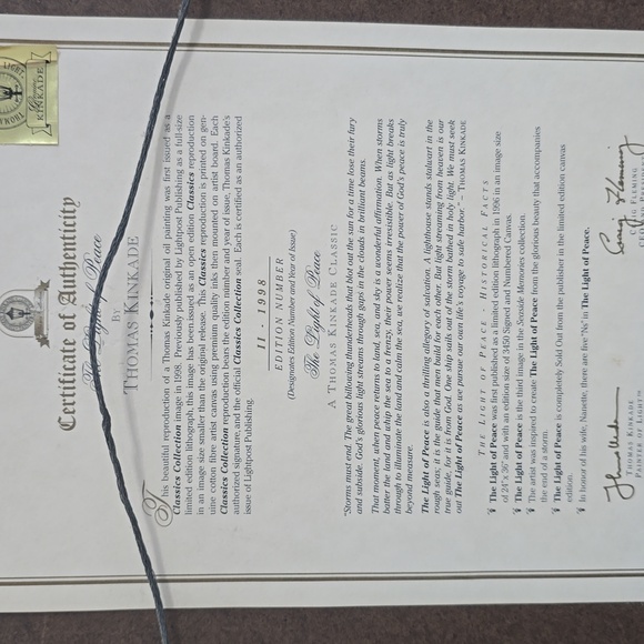 Signed Thomas Kinkade The Light of Peace Canvas With Certificate of Authenticity - Picture 13 of 17